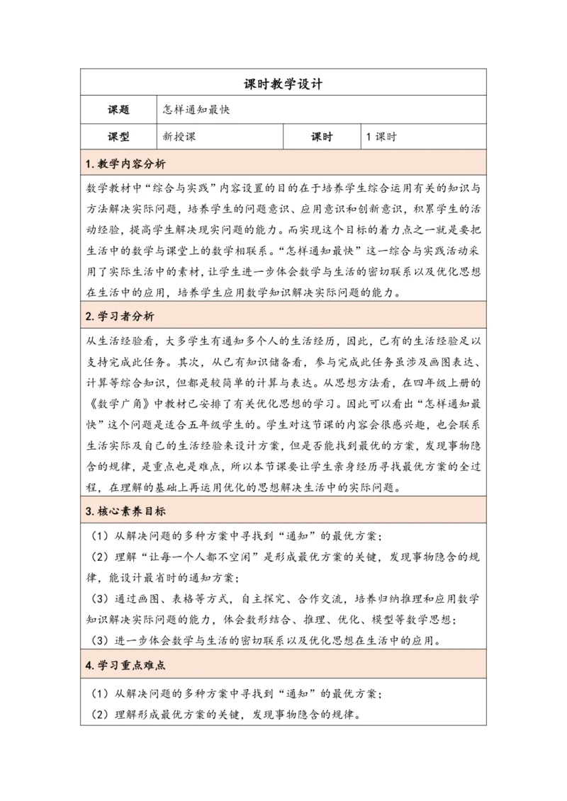 大单元教学【核心素养目标】6★  怎样通知最快（表格式）教学设计 人教版五年级下册