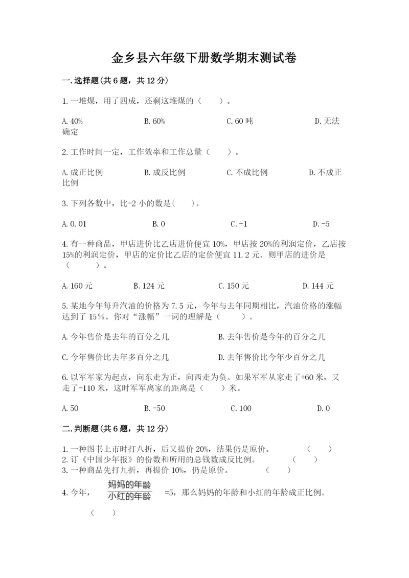 金乡县六年级下册数学期末测试卷精品带答案.docx