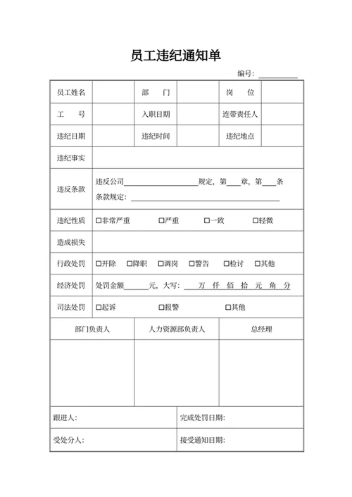 员工违纪通知单