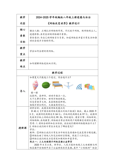 （核心素养目标）3.2《网络改变世界》表格式教学设计