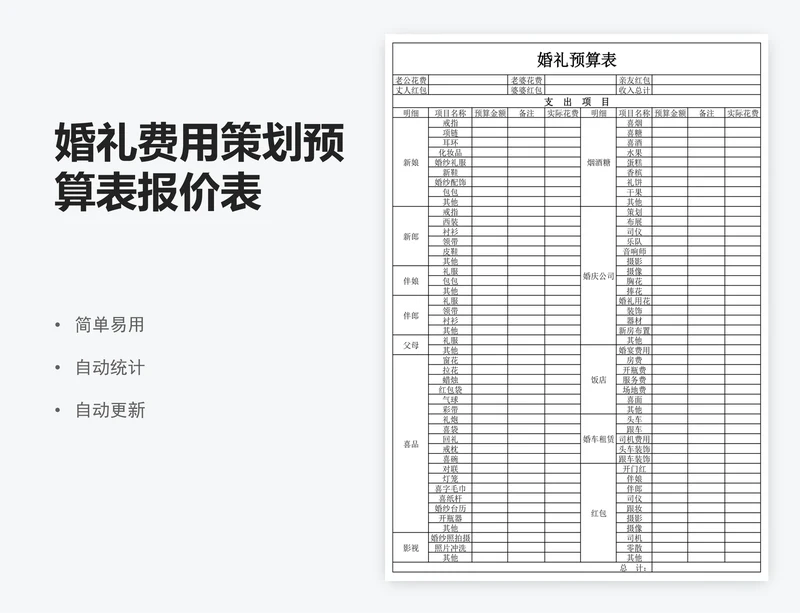 婚礼费用策划预算表报价表
