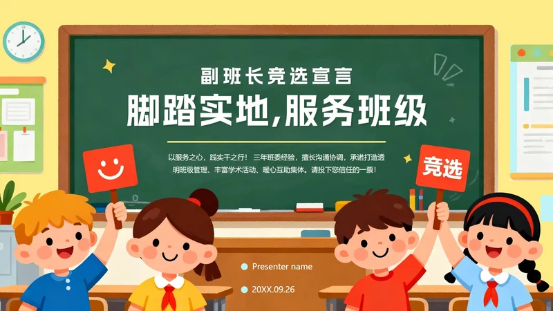彩色可爱手绘卡通插画风班干部副班长竞选PPT模板