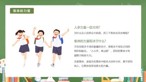 绿色黑板风卡通插画承担关爱集体的责任动态PPT