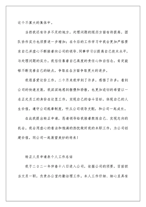 转正人员申请表个人工作总结
