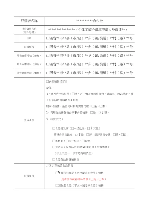 食品经营许可证申报资料范本