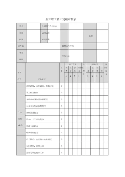 员工转正定级审批表格