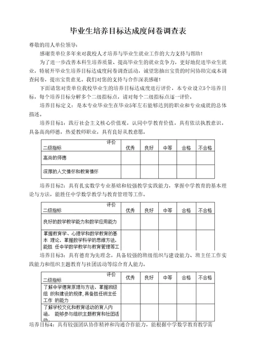 用人单位对毕业生培养目标达成度问卷调查