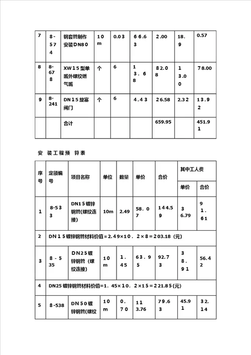 燃气安装工程造价例题