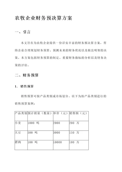 农牧企业财务预决算方案