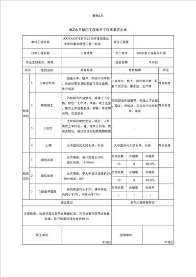 水平梯田工程单元工程质量评定表