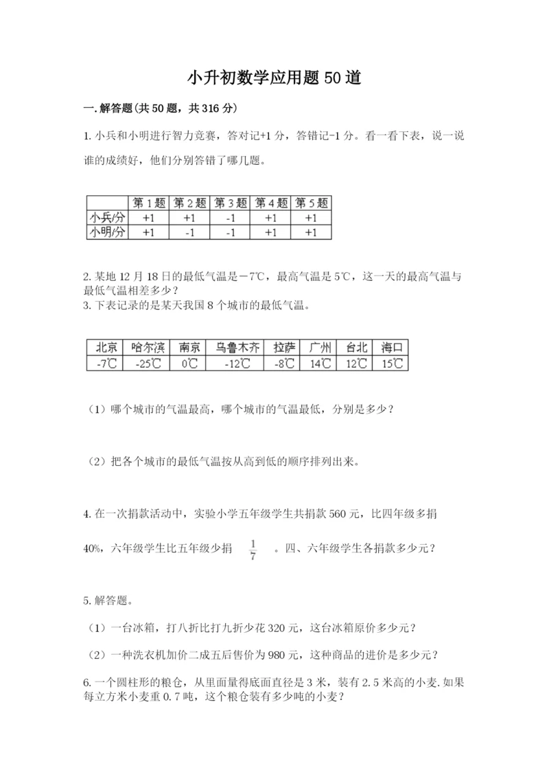 小升初数学应用题50道（精练）.docx