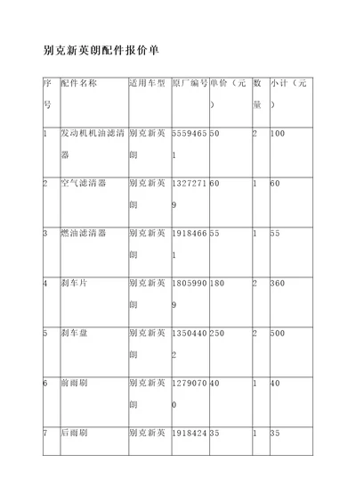 别克新英朗配件报价单