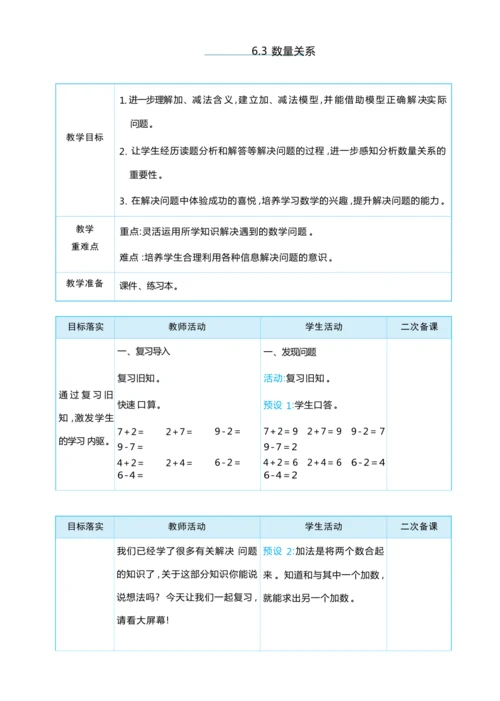 6.3 数量关系 大单元整体教学设计(表格式）人教版（2024）数学一年级上册
