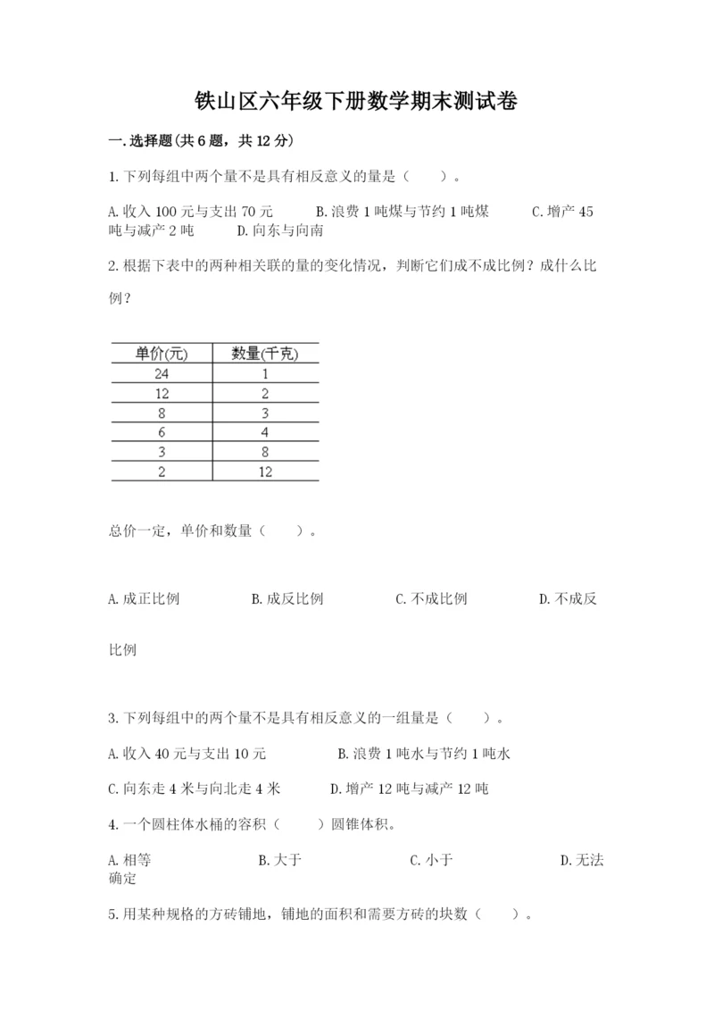 铁山区六年级下册数学期末测试卷完美版.docx