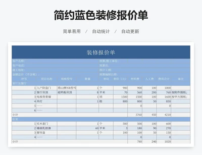 简约蓝色装修报价单