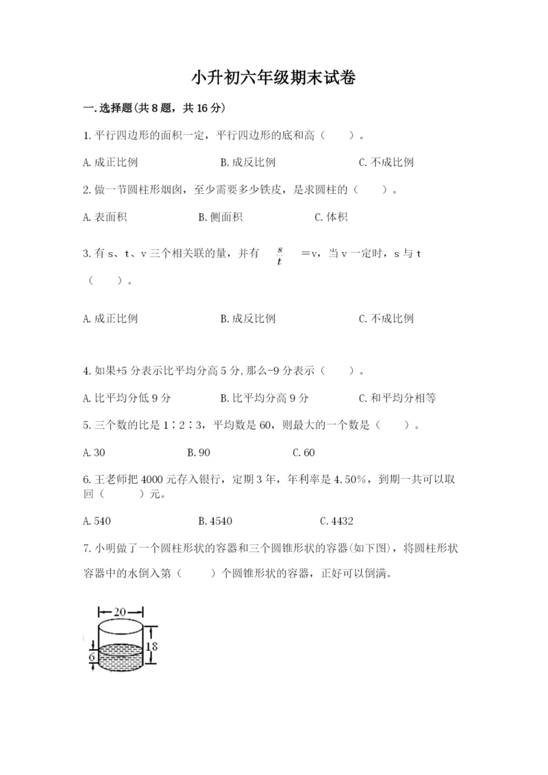 小升初六年级期末试卷精品（有一套）.docx