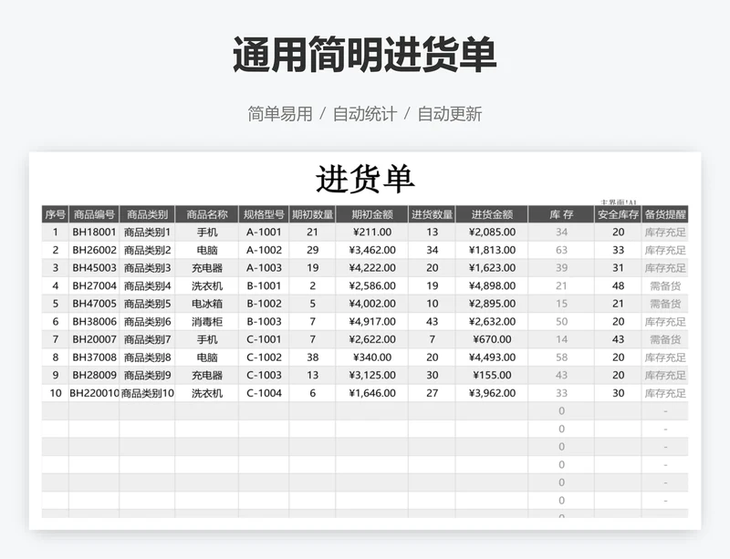 通用简明进货单