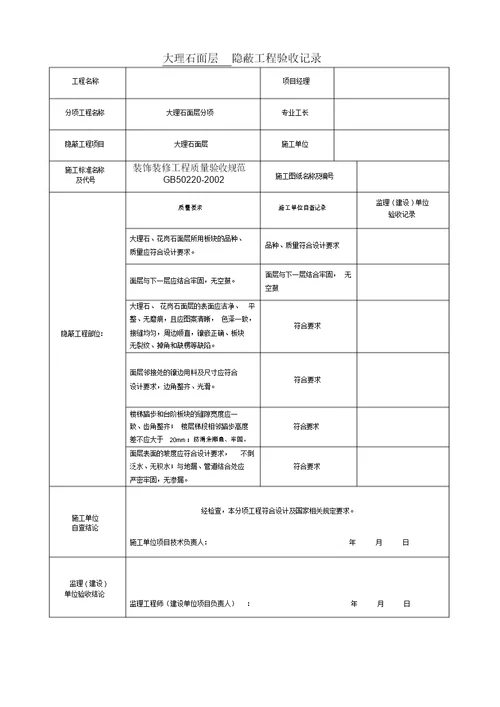 装饰装修隐蔽工程验收记录表(全套范例)