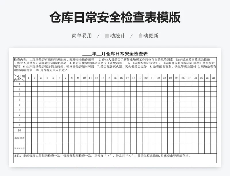 仓库日常安全检查表模版