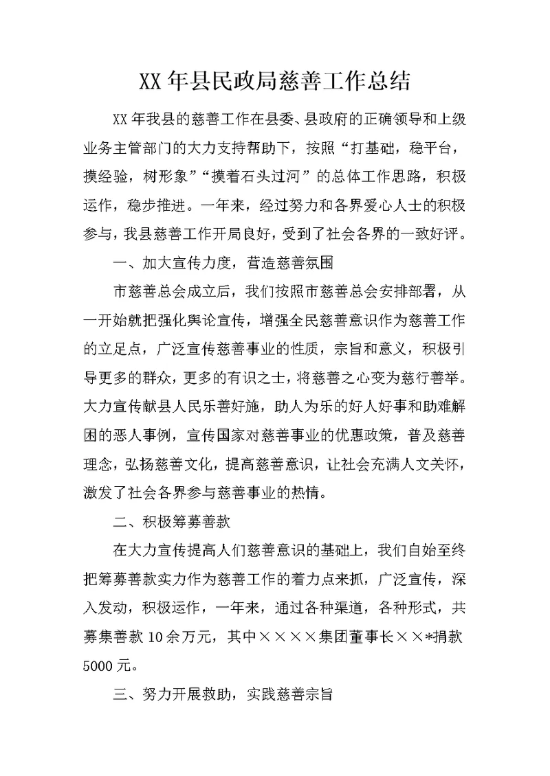 XX年县民政局慈善工作总结