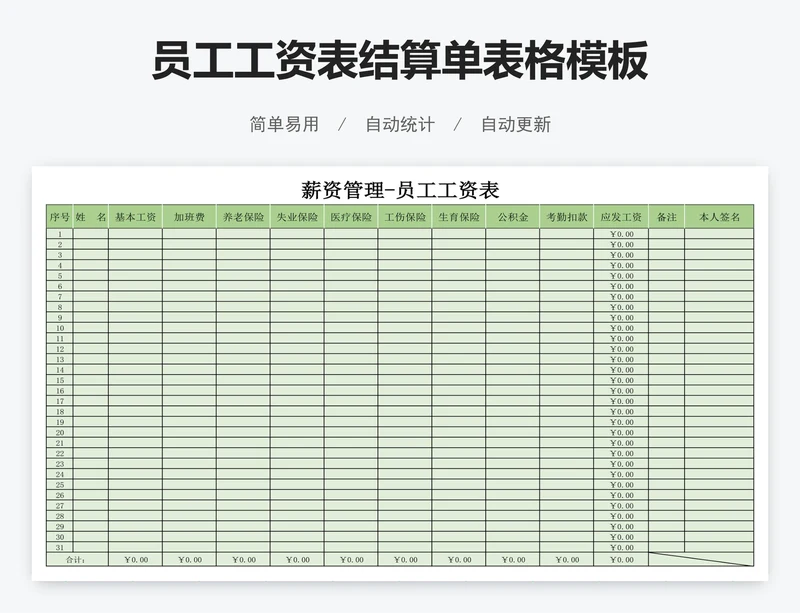 员工工资表结算单表格模板