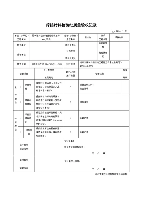 江苏省新版钢结构工程验收检验批 整理版