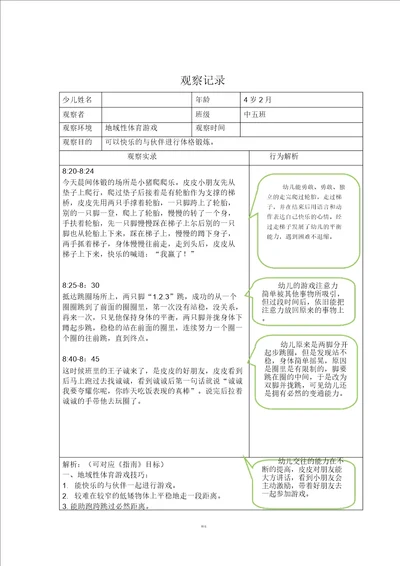 户外活动区域性体育游戏观察记录表