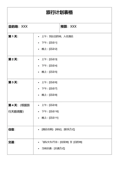 旅行计划表格