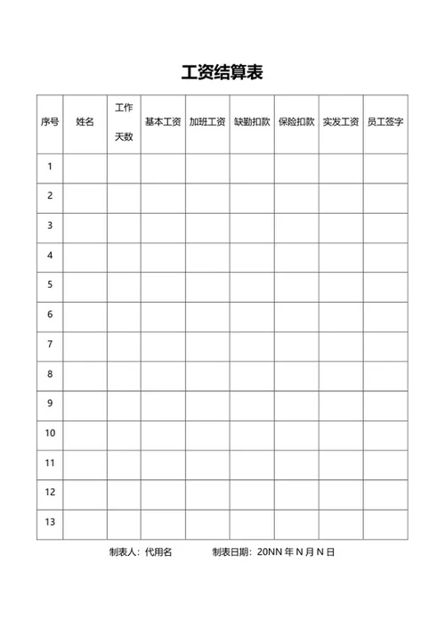 员工工资结算表word模板