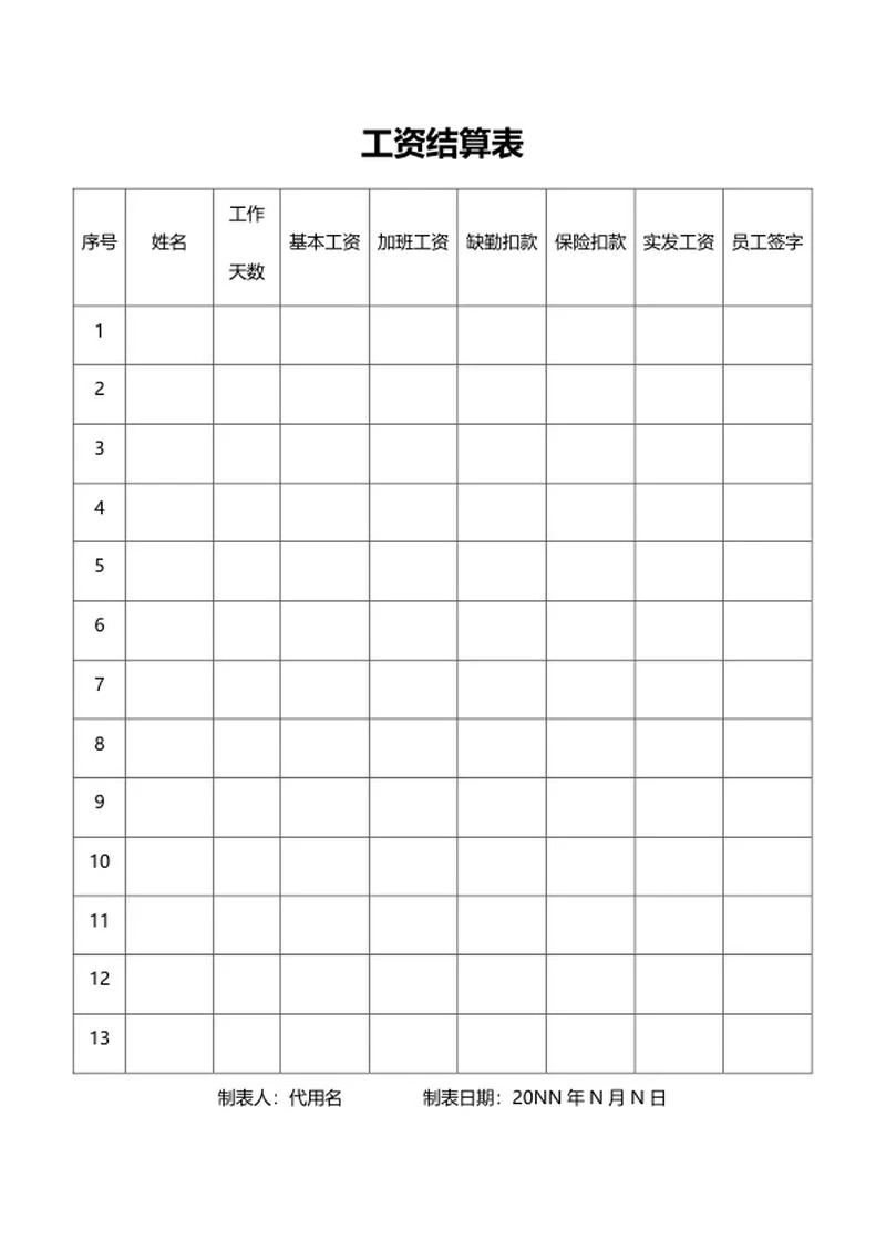 员工工资结算表word模板