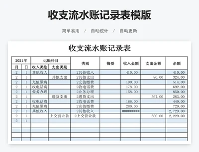 收支流水账记录表模版