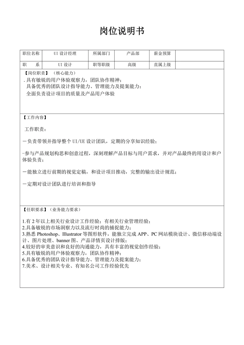UI经理招聘需求表