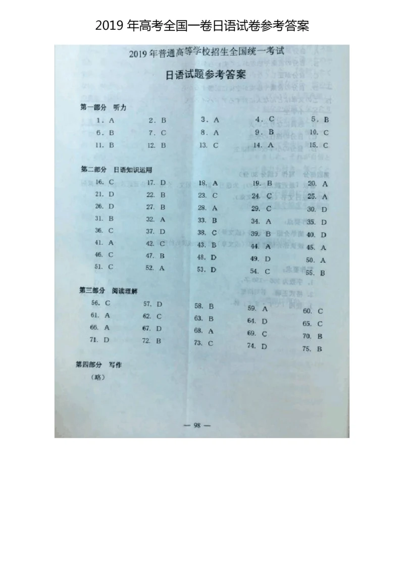 2019高考全国一卷日语试卷答案4.docx