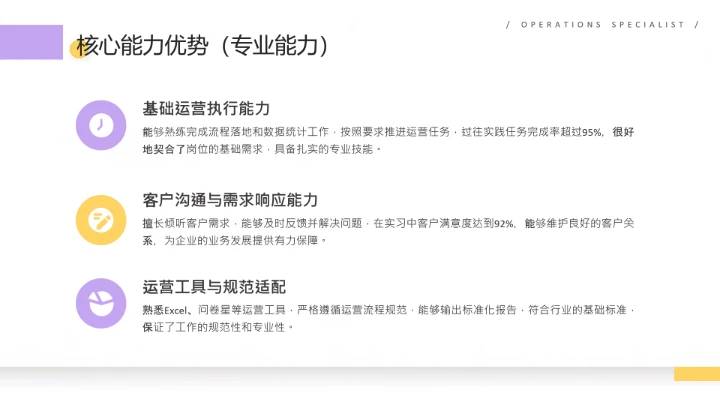 紫黄色扁平风通用版大学生职业生涯发展展示职业生涯规划(运营方向)PPT