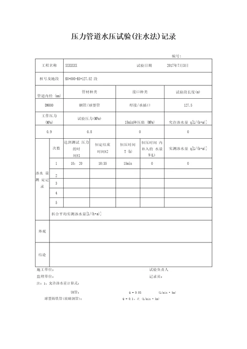 压力管道水压试验注水法记录