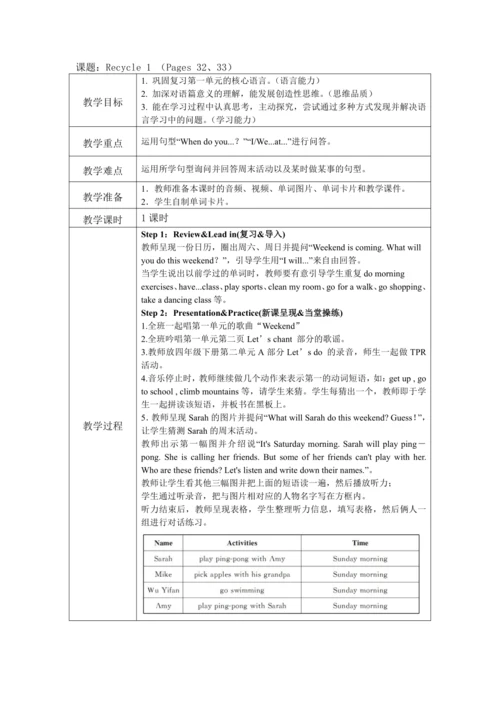 人教版(PEP)五年级下册英语 Unit 1 -Recycle1教案（含核心素养目标和反思）