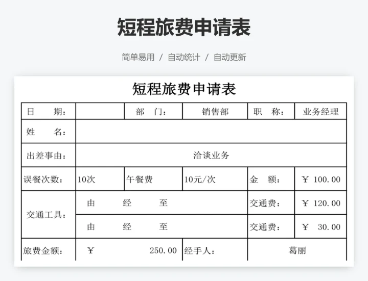 短程旅费申请表