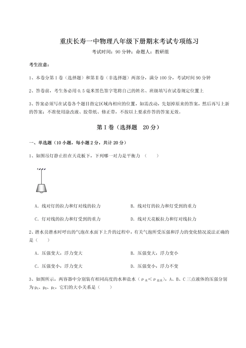 第二次月考滚动检测卷-重庆长寿一中物理八年级下册期末考试专项练习B卷（解析版）.docx