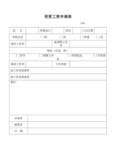 变更工资申请表word表格