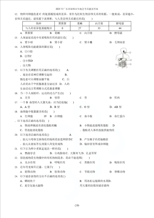 2023年广东省深圳市生地会考真题及答案