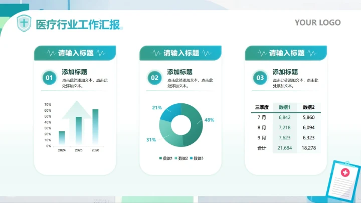 绿蓝色简约扁平风医疗药品数据看板研究汇报PPT单页