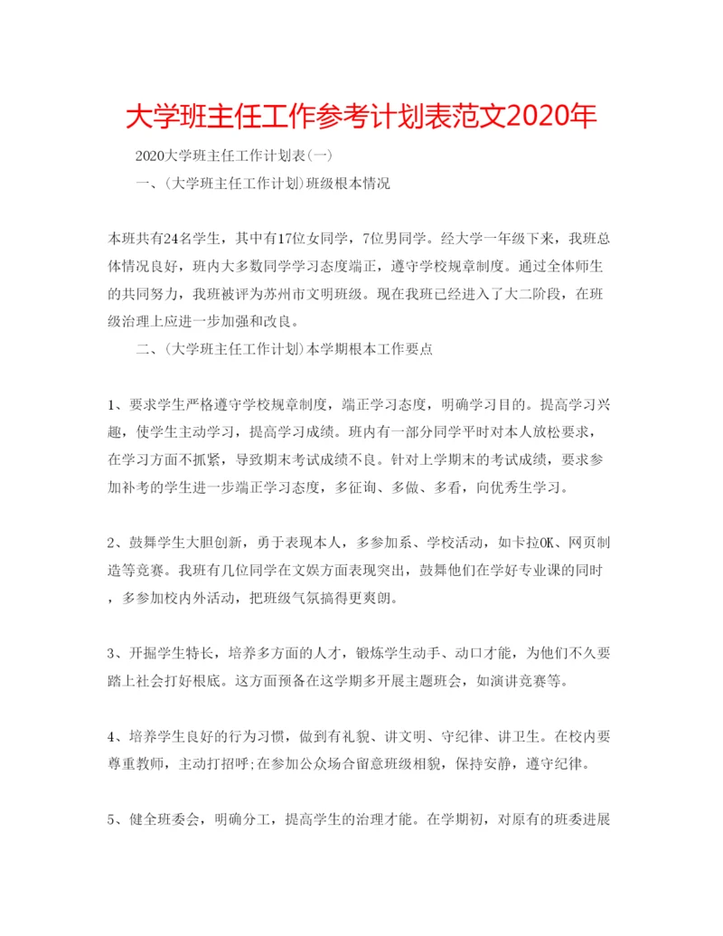 精编大学班主任工作参考计划表范文年.docx