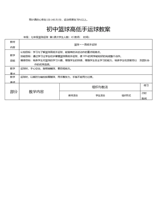 初中体育 篮球高低手运球教学设计学情分析教材分析课后反思
