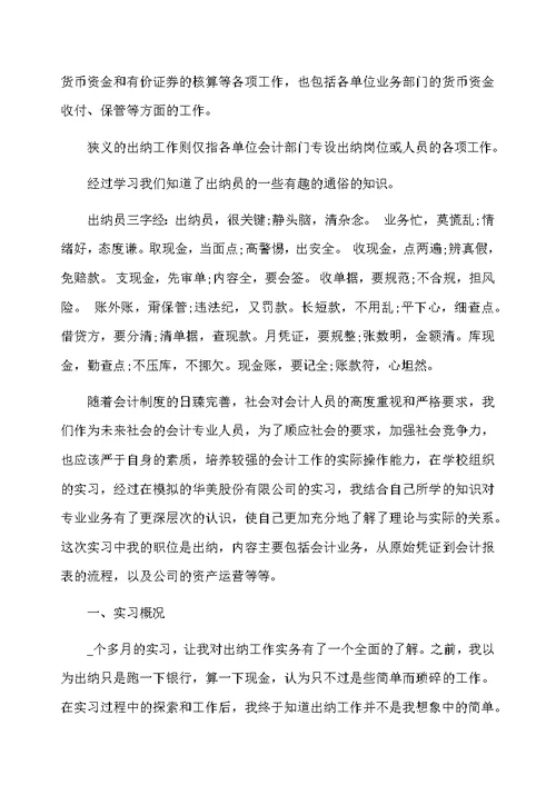 出纳员工个人实习工作总结优秀范文