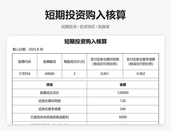 短期投资购入核算