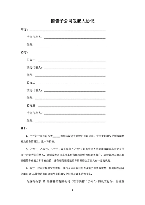 销售子子公司发起人协议（律师拟定详细版）