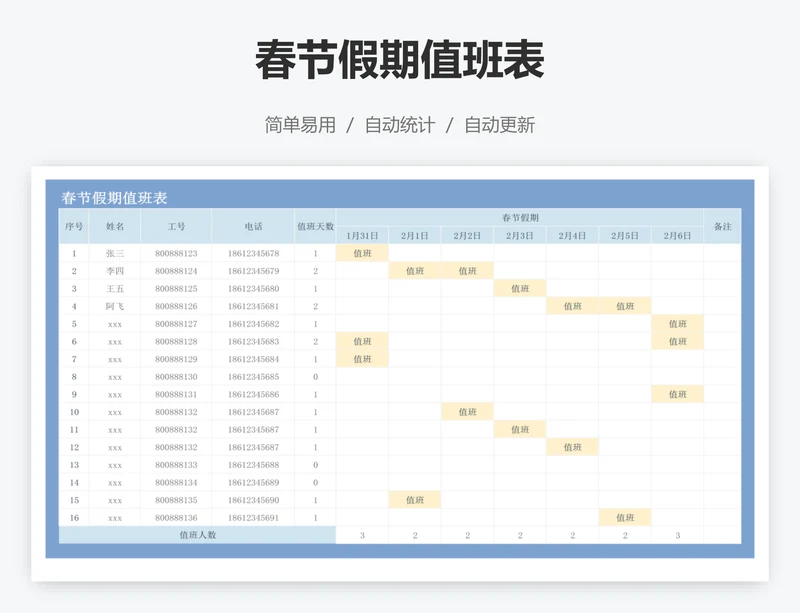 春节假期值班表