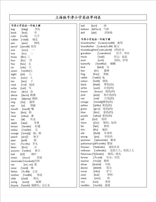 上海版小学英语牛津词汇表带音标