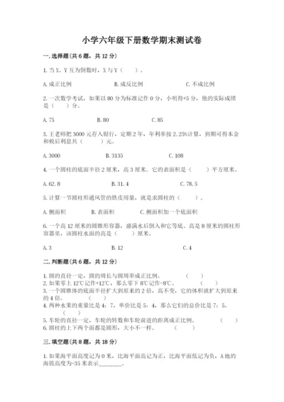 小学六年级下册数学期末测试卷及解析答案.docx