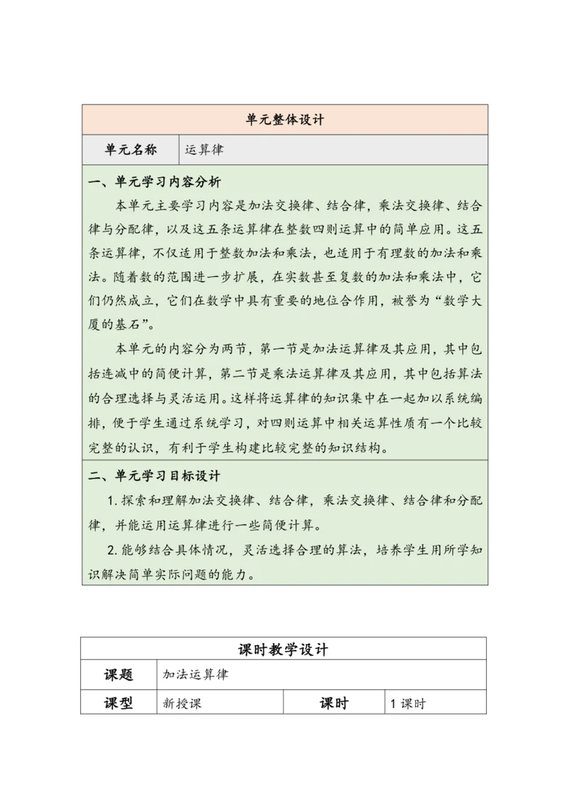 大单元教学【核心素养目标】3.1  加法运算律（表格式）教学设计
